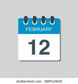 Icon page calendar day - 12 February. 12th days of the month, vector illustration flat style. Date day week Sunday, Monday, Tuesday, Wednesday, Thursday, Friday, Saturday. Winter holidays in February