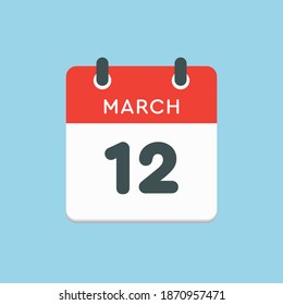 Icon page calendar day - 12 March. 12th days of the month, vector illustration flat style. Date day of week Sunday, Monday, Tuesday, Wednesday, Thursday, Friday, Saturday. Spring holidays in March