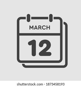 Icon page calendar day - 12 March. 12th days of the month, vector illustration flat style. Date day of week Sunday, Monday, Tuesday, Wednesday, Thursday, Friday, Saturday. Spring holidays in March