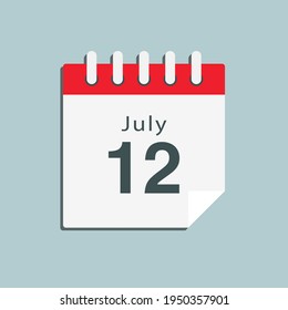 Icon page calendar day - 12 July. Date day of week Sunday, Monday, Tuesday, Wednesday, Thursday, Friday, Saturday. 12th days of the month, vector illustration flat style. Summer holidays in July
