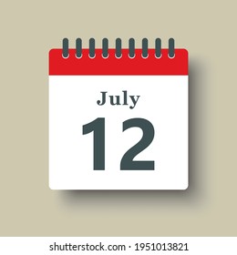 Icon page calendar day - 12 July. Date day of week Sunday, Monday, Tuesday, Wednesday, Thursday, Friday, Saturday. 12th days of the month, vector illustration flat style. Summer holidays in July svg
