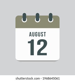 Icon page calendar day - 12 August. Date day of week Sunday, Monday, Tuesday, Wednesday, Thursday, Friday, Saturday. 12th days of the month, vector illustration flat style. Summer holidays in August