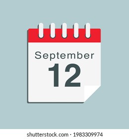 Icon page calendar day 12 September. Date day week Sunday, Monday, Tuesday, Wednesday, Thursday, Friday, Saturday. 12th days of the month, vector illustration flat style. Autumn holidays in September