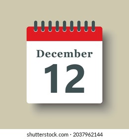 Icon page calendar day - 12 December. Date day week Sunday, Monday, Tuesday, Wednesday, Thursday, Friday, Saturday. 12th days of the month, vector illustration flat style. Winter holidays in December