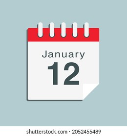Icon page calendar day - 12 January. Date day week Sunday, Monday, Tuesday, Wednesday, Thursday, Friday, Saturday. 12th days of the month, vector illustration flat style. Winter holidays in January