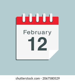 Icon page calendar day - 12 February. Date day week Sunday, Monday, Tuesday, Wednesday, Thursday, Friday, Saturday. 12th days of the month, vector illustration flat style. Winter holidays in February