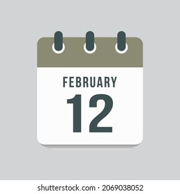 Icon page calendar day - 12 February. Date day week Sunday, Monday, Tuesday, Wednesday, Thursday, Friday, Saturday. 12th days of the month, vector illustration flat style. Winter holidays in February