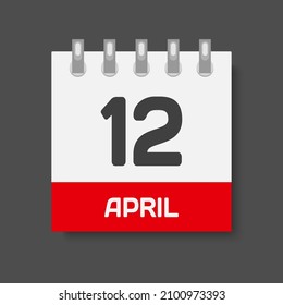 Icon page calendar day - 12 April. Days of the month, vector illustration flat style. 12th date day of week Sunday, Monday, Tuesday, Wednesday, Thursday, Friday, Saturday. Spring holidays in April