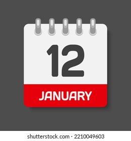 Icon page calendar day - 12 January. Days of the month, vector illustration flat style. 12th day of week Sunday, Monday, Tuesday, Wednesday, Thursday, Friday, Saturday. Date winter holidays in January