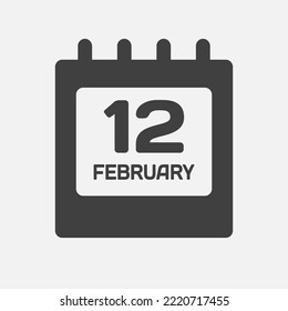 Symbol Seite Kalendertag - 12. Februar. Tage des Monats, Vektorgrafik flach Stil. 12. Wochentag Sonntag, Montag, Dienstag, Mittwoch, Donnerstag, Freitag, Samstag. Winterferien Februar