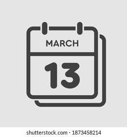 Icon page calendar day - 13 March. 13th days of the month, vector illustration flat style. Date day of week Sunday, Monday, Tuesday, Wednesday, Thursday, Friday, Saturday. Spring holidays in March