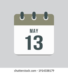 Icon page calendar day - 13 May. Date day of week Sunday, Monday, Tuesday, Wednesday, Thursday, Friday, Saturday. 13th days of the month, vector illustration flat style. Spring holidays in May