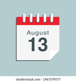 Icon page calendar day - 13 August. Date day of week Sunday, Monday, Tuesday, Wednesday, Thursday, Friday, Saturday. 13th days of the month, vector illustration flat style. Summer holidays in August