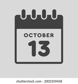 Icon page calendar day - 13 October. Date day week Sunday, Monday, Tuesday, Wednesday, Thursday, Friday, Saturday. 13th days of the month, vector illustration flat style. Autumn holidays in October