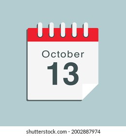 Symbol Seite Kalendertag - 13. Oktober. Tag Woche Sonntag, Montag, Dienstag, Mittwoch, Donnerstag, Freitag, Samstag. 13 Tage des Monats, Vektorgrafik flach Stil. Herbstferien im Oktober