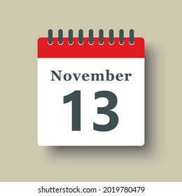 Icon page calendar day - 13 November. Date day week Sunday, Monday, Tuesday, Wednesday, Thursday, Friday, Saturday. 13th days of the month, vector illustration flat style. Autumn holidays in November