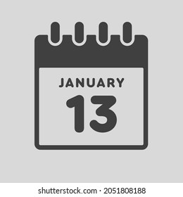 Icon page calendar day - 13 January. Date day week Sunday, Monday, Tuesday, Wednesday, Thursday, Friday, Saturday. 13th days of the month, vector illustration flat style. Winter holidays in January