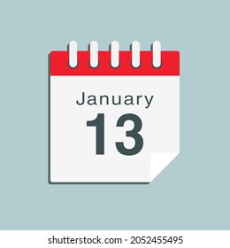 Icon page calendar day - 13 January. Date day week Sunday, Monday, Tuesday, Wednesday, Thursday, Friday, Saturday. 13th days of the month, vector illustration flat style. Winter holidays in January