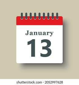 Icon page calendar day - 13 January. Date day week Sunday, Monday, Tuesday, Wednesday, Thursday, Friday, Saturday. 13th days of the month, vector illustration flat style. Winter holidays in January