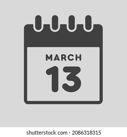 Icon page calendar day - 13 March. Date day week Sunday, Monday, Tuesday, Wednesday, Thursday, Friday, Saturday. 13th days of the month, vector illustration flat style. Spring holidays in March