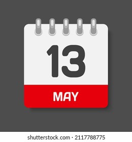 Icon page calendar day - 13 May. Days of the month, vector illustration flat style. 13th date day of week Sunday, Monday, Tuesday, Wednesday, Thursday, Friday, Saturday. Spring holidays in May