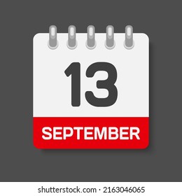 Icon page calendar day - 13 September. Days of the month, vector illustration flat. 13th day of week Sunday, Monday, Tuesday, Wednesday, Thursday, Friday, Saturday. Date autumn holidays in September