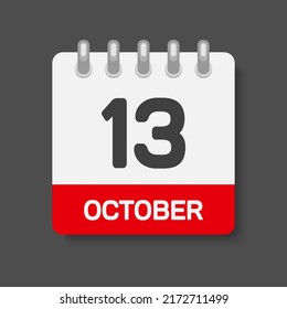 Icon page calendar day - 13 October. Days of the month, vector flat style. Day of week Sunday, Monday, Tuesday, Wednesday, Thursday, Friday, Saturday. Date autumn holidays in Ocotber. Number thirteen