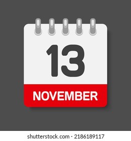 Icon page calendar day - 13 November. Days of the month, vector illustration flat style. 13th day week Sunday, Monday, Tuesday, Wednesday, Thursday, Friday, Saturday. Date autumn holidays in November