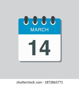 Icon page calendar day - 14 March. 14th days of the month, vector illustration flat style. Date day of week Sunday, Monday, Tuesday, Wednesday, Thursday, Friday, Saturday. Spring holidays in March
