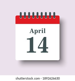 Icon page calendar day - 14 April. Days of the month, vector illustration flat style. 14th date day of week Sunday, Monday, Tuesday, Wednesday, Thursday, Friday, Saturday. Spring holidays in April