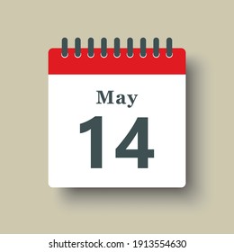 Icon page calendar day - 14 May. Date day of week Sunday, Monday, Tuesday, Wednesday, Thursday, Friday, Saturday. 14th days of the month, vector illustration flat style. Spring holidays in May