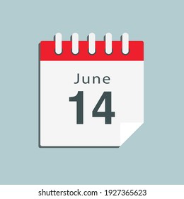 Icon page calendar day - 14 June. Date day of week Sunday, Monday, Tuesday, Wednesday, Thursday, Friday, Saturday. 14th days of the month, vector illustration flat style. Summer holidays in June