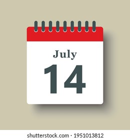 Icon page calendar day - 14 July. Date day of week Sunday, Monday, Tuesday, Wednesday, Thursday, Friday, Saturday. 14th days of the month, vector illustration flat style. Summer holidays in July
