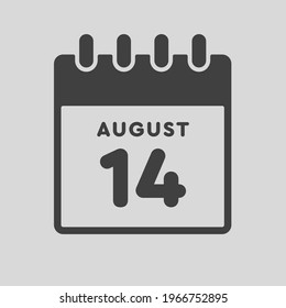 Icon page calendar day - 14 August. Date day of week Sunday, Monday, Tuesday, Wednesday, Thursday, Friday, Saturday. 14th days of the month, vector illustration flat style. Summer holidays in August