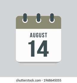 Icon page calendar day - 14 August. Date day of week Sunday, Monday, Tuesday, Wednesday, Thursday, Friday, Saturday. 14th days of the month, vector illustration flat style. Summer holidays in August