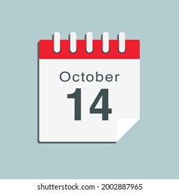 Día calendario de la página de iconos - 14 de octubre. Fecha día semana domingo, lunes, martes, miércoles, jueves, viernes, sábado. 14 días del mes, ilustración vectorial estilo plano. Vacaciones de otoño en octubre