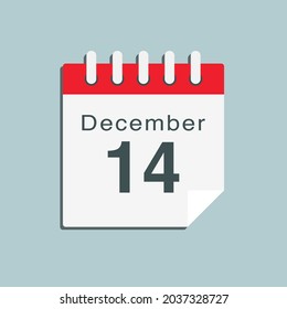 Icon page calendar day - 14 December. Date day week Sunday, Monday, Tuesday, Wednesday, Thursday, Friday, Saturday. 14th days of the month, vector illustration flat style. Winter holidays in December