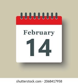 Icon page calendar day - 14 February. Date day week Sunday, Monday, Tuesday, Wednesday, Thursday, Friday, Saturday. 14th days of the month, vector illustration flat style. Winter holidays in February