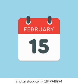 Icon page calendar day - 15 February. 15th days of the month, vector illustration flat style. Date day week Sunday, Monday, Tuesday, Wednesday, Thursday, Friday, Saturday. Winter holidays in February