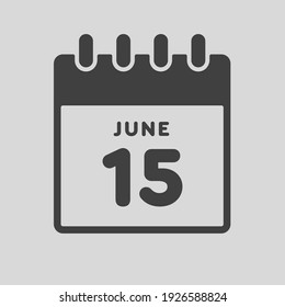 Icon page calendar day - 15 June. Date day of week Sunday, Monday, Tuesday, Wednesday, Thursday, Friday, Saturday. 15th days of the month, vector illustration flat style. Summer holidays in June