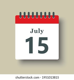 Icon page calendar day - 15 July. Date day of week Sunday, Monday, Tuesday, Wednesday, Thursday, Friday, Saturday. 15th days of the month, vector illustration flat style. Summer holidays in July