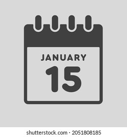 Icon page calendar day - 15 January. Date day week Sunday, Monday, Tuesday, Wednesday, Thursday, Friday, Saturday. 15th days of the month, vector illustration flat style. Winter holidays in January