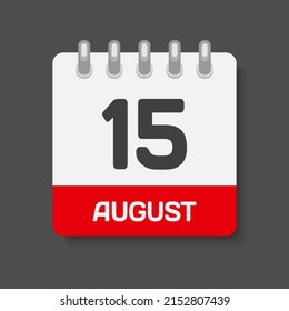 Icon page calendar day - 15 August. Days of the month, vector illustration flat style. 15th date day of week Sunday, Monday, Tuesday, Wednesday, Thursday, Friday, Saturday. Summer holidays in August