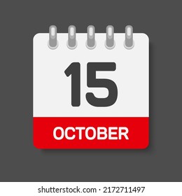 Icon page calendar day - 15 October. Days of the month, vector flat style. Day of week Sunday, Monday, Tuesday, Wednesday, Thursday, Friday, Saturday. Date autumn holidays in Ocotber. Number fifteen