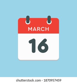 Icon page calendar day - 16 March. 16th days of the month, vector illustration flat style. Date day of week Sunday, Monday, Tuesday, Wednesday, Thursday, Friday, Saturday. Spring holidays in March