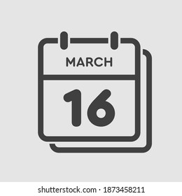 Icon page calendar day - 16 March. 16th days of the month, vector illustration flat style. Date day of week Sunday, Monday, Tuesday, Wednesday, Thursday, Friday, Saturday. Spring holidays in March