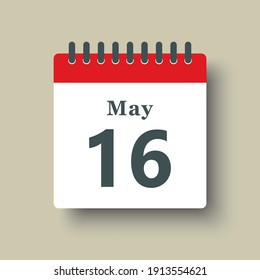 Icon page calendar day - 16 May. Date day of week Sunday, Monday, Tuesday, Wednesday, Thursday, Friday, Saturday. 16th days of the month, vector illustration flat style. Spring holidays in May