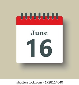 Icon page calendar day - 16 June. Date day of week Sunday, Monday, Tuesday, Wednesday, Thursday, Friday, Saturday. 16th days of the month, vector illustration flat style. Summer holidays in June