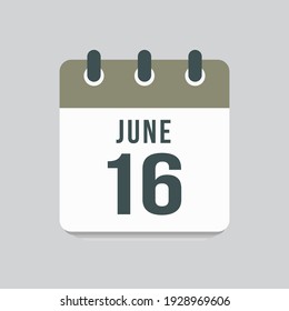 Icon page calendar day - 16 June. Date day of week Sunday, Monday, Tuesday, Wednesday, Thursday, Friday, Saturday. 16th days of the month, vector illustration flat style. Summer holidays in June