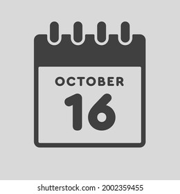 Icon page calendar day - 16 October. Date day week Sunday, Monday, Tuesday, Wednesday, Thursday, Friday, Saturday. 16th days of the month, vector illustration flat style. Autumn holidays in October